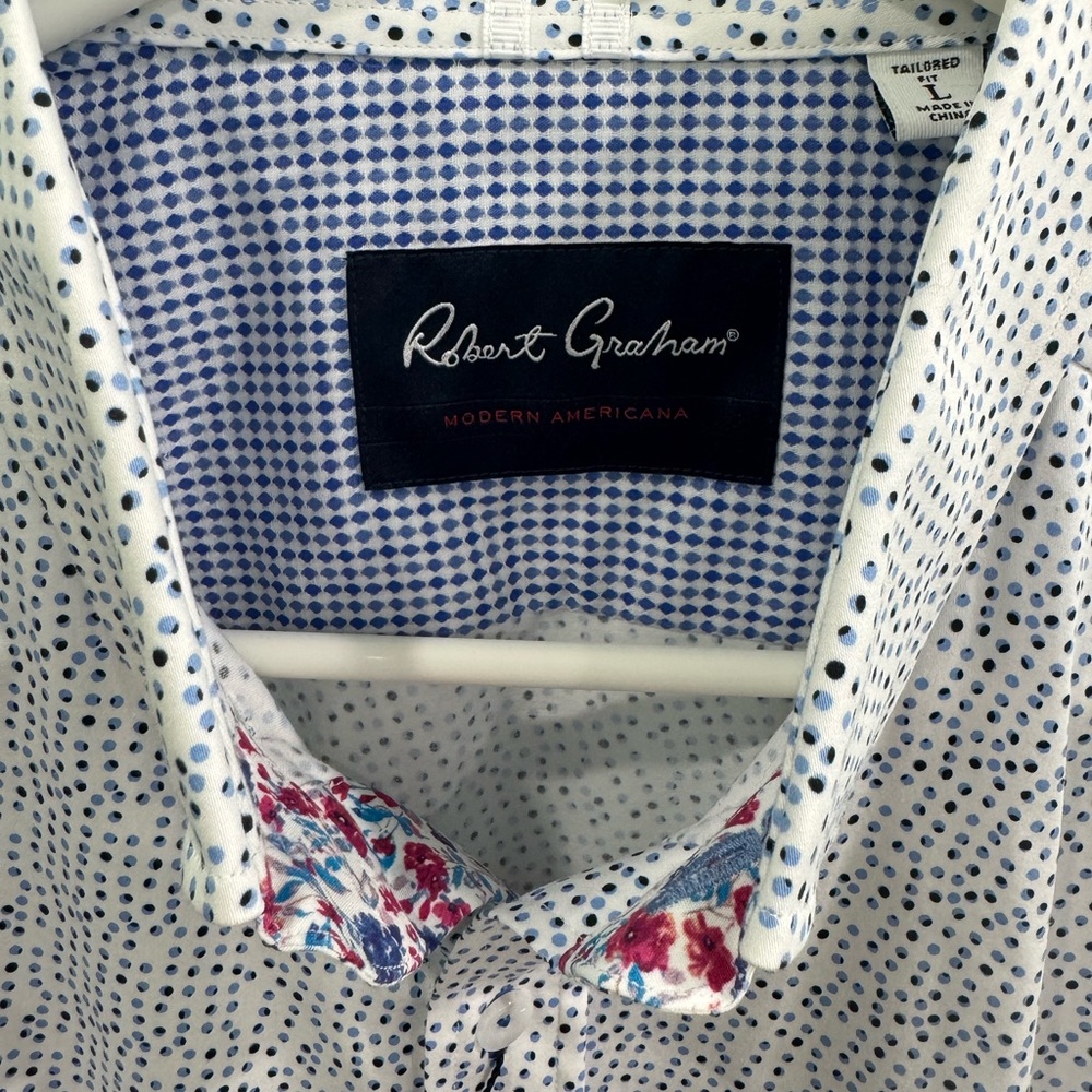 Robert Graham Men's White and Blue Polka Dot Shirt